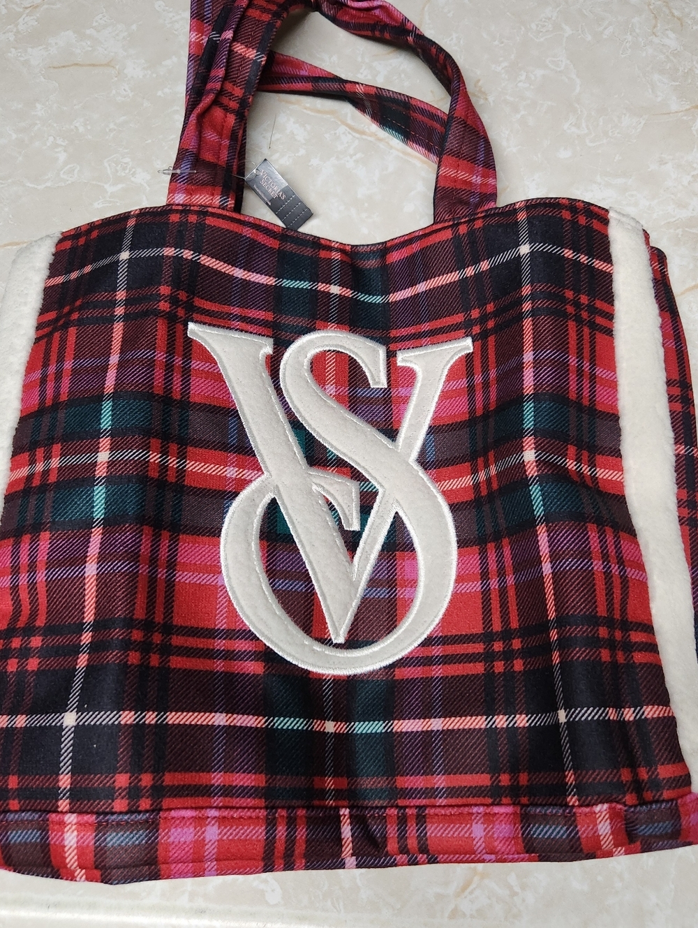 Victoria’s Secret Plaid Sherpa Tote Bag Red Green VS Logo Holiday New